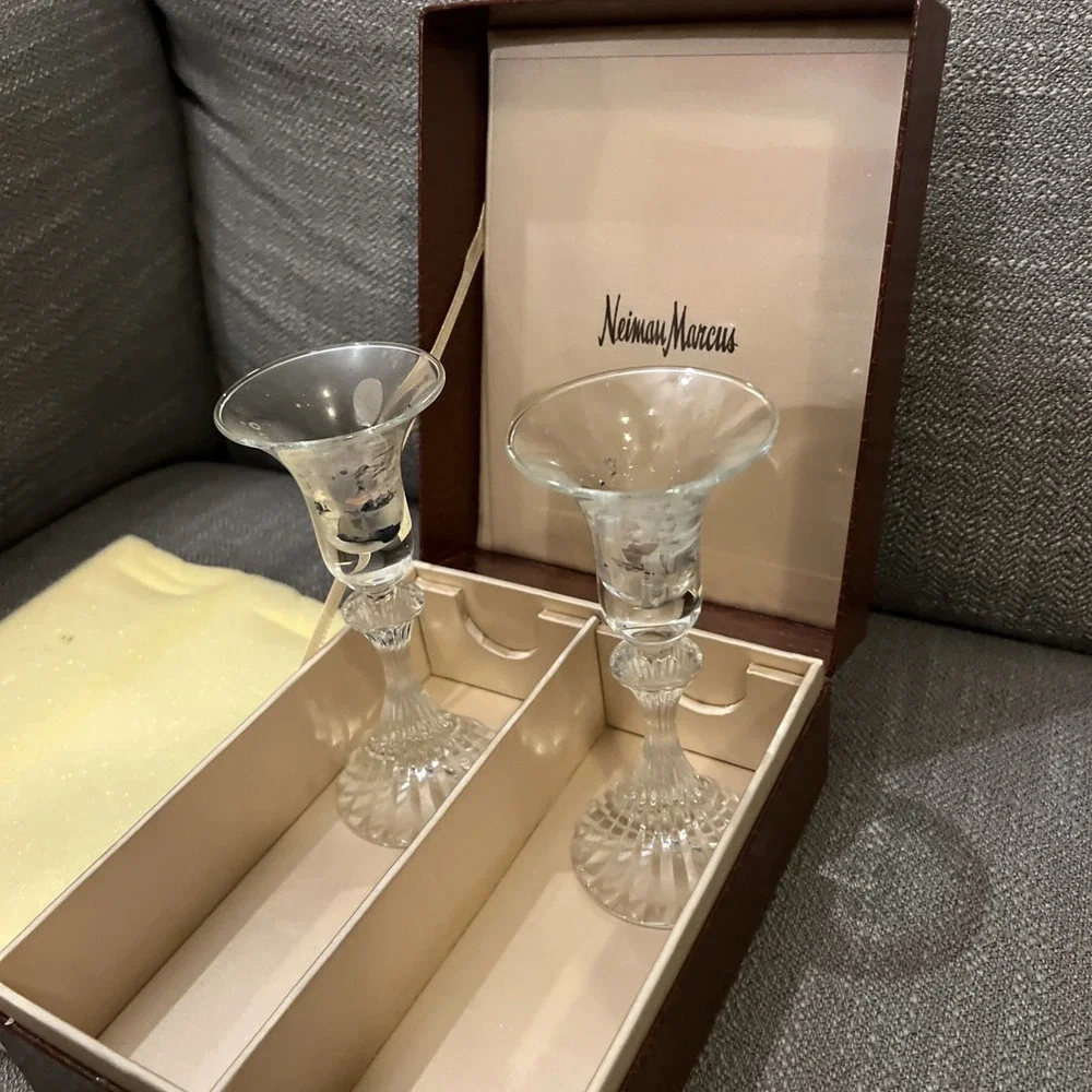 Pair of Neiman Marcus Crystal Candlesticks Preowned With Case